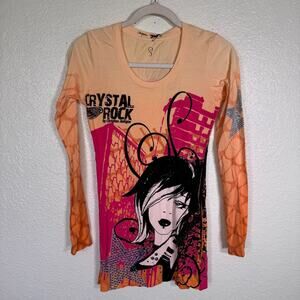 Christian Audigier Y2K Shirt Women Small Crystal Rock Rocker Girl Guitar Tee NEW